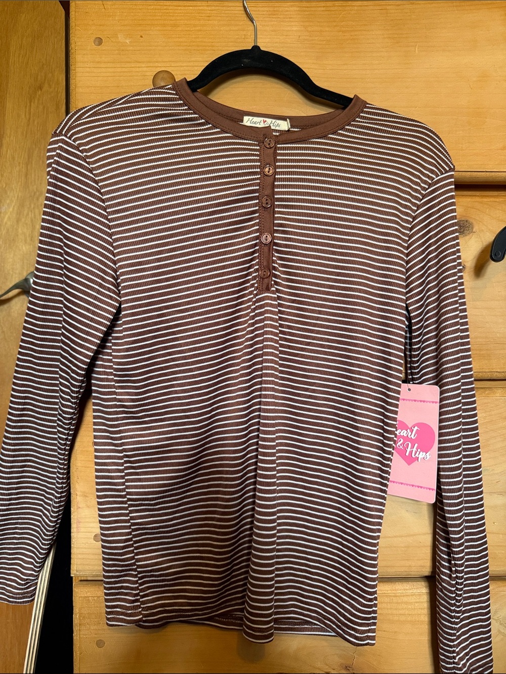 Heart Hips Brown & White Striped Henley Long Sleeve Top